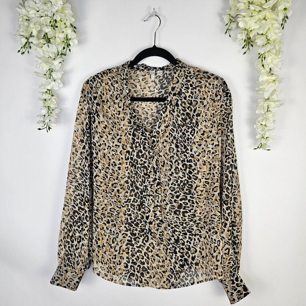 Cato Leopard Print Blouse Sheer Gold Metallic Thread Long Sleeve Size Large